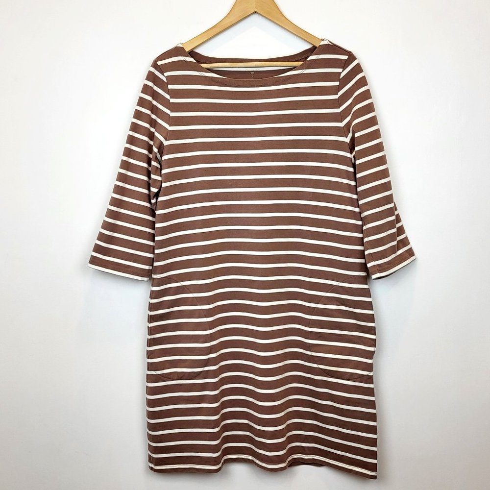 Garnet Hill Brown & White Stripe 100% Cotton Shift Dress, Size 10, EUC